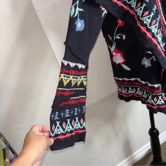 CAITE Embroidered Black Open Front Cardigan with Hood Boho Festival Style, Small - Picture 5 of 14